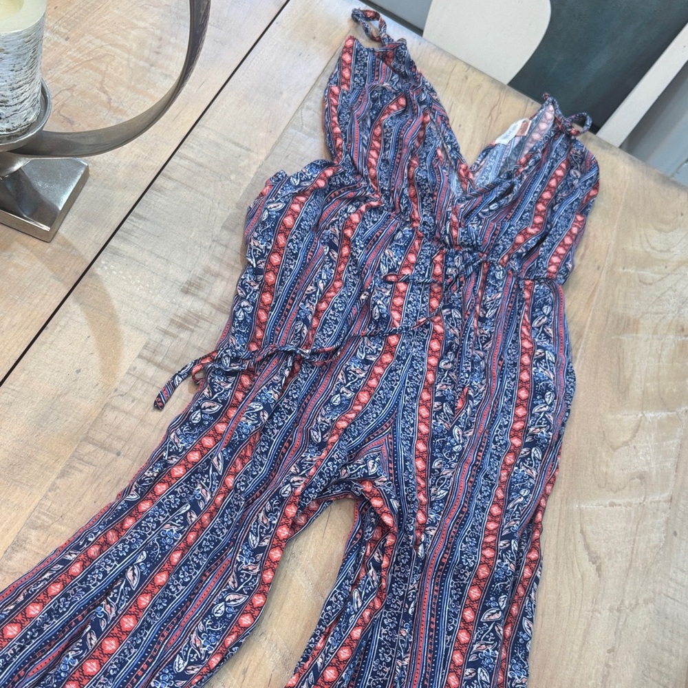 Band of Gypsies Navy and Coral Patterned Halter Jumpsuit
